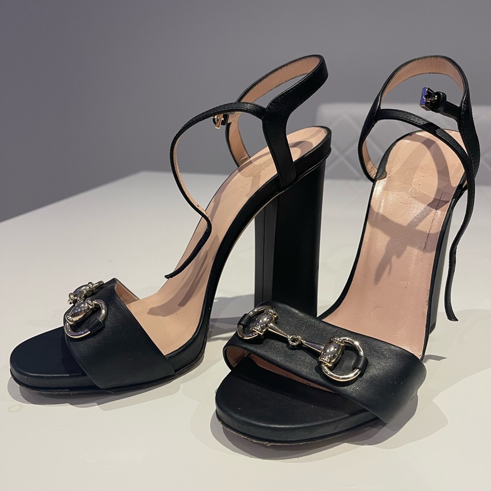 Gucci Black Leather Horsebit Ankle Strap Open Toe Block Heel Sandals Size 38